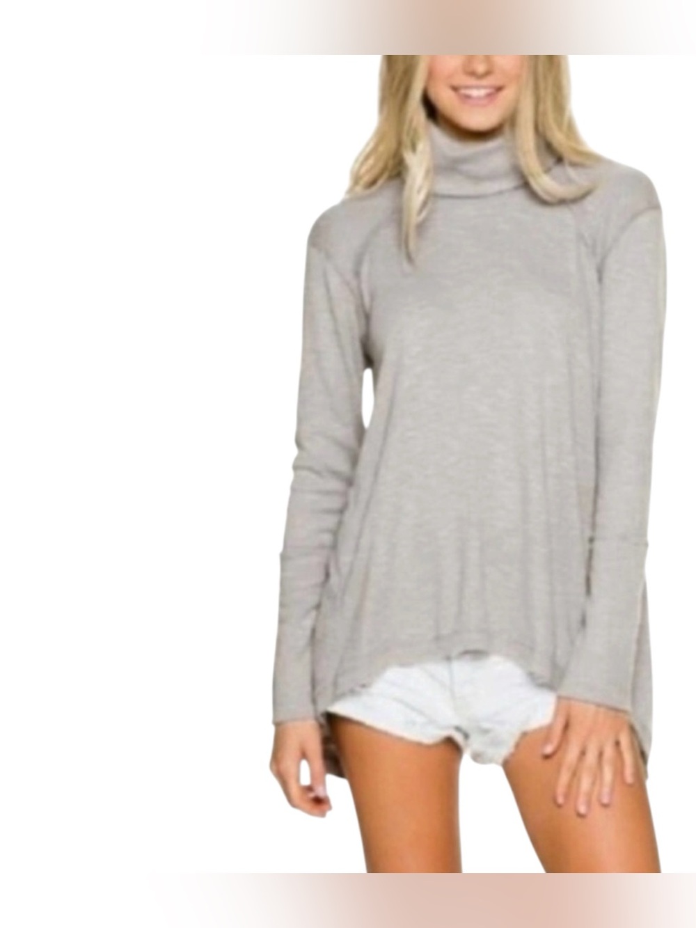 We The Free Boho Light Heather Gray Turtleneck Swing Split Back Pullover